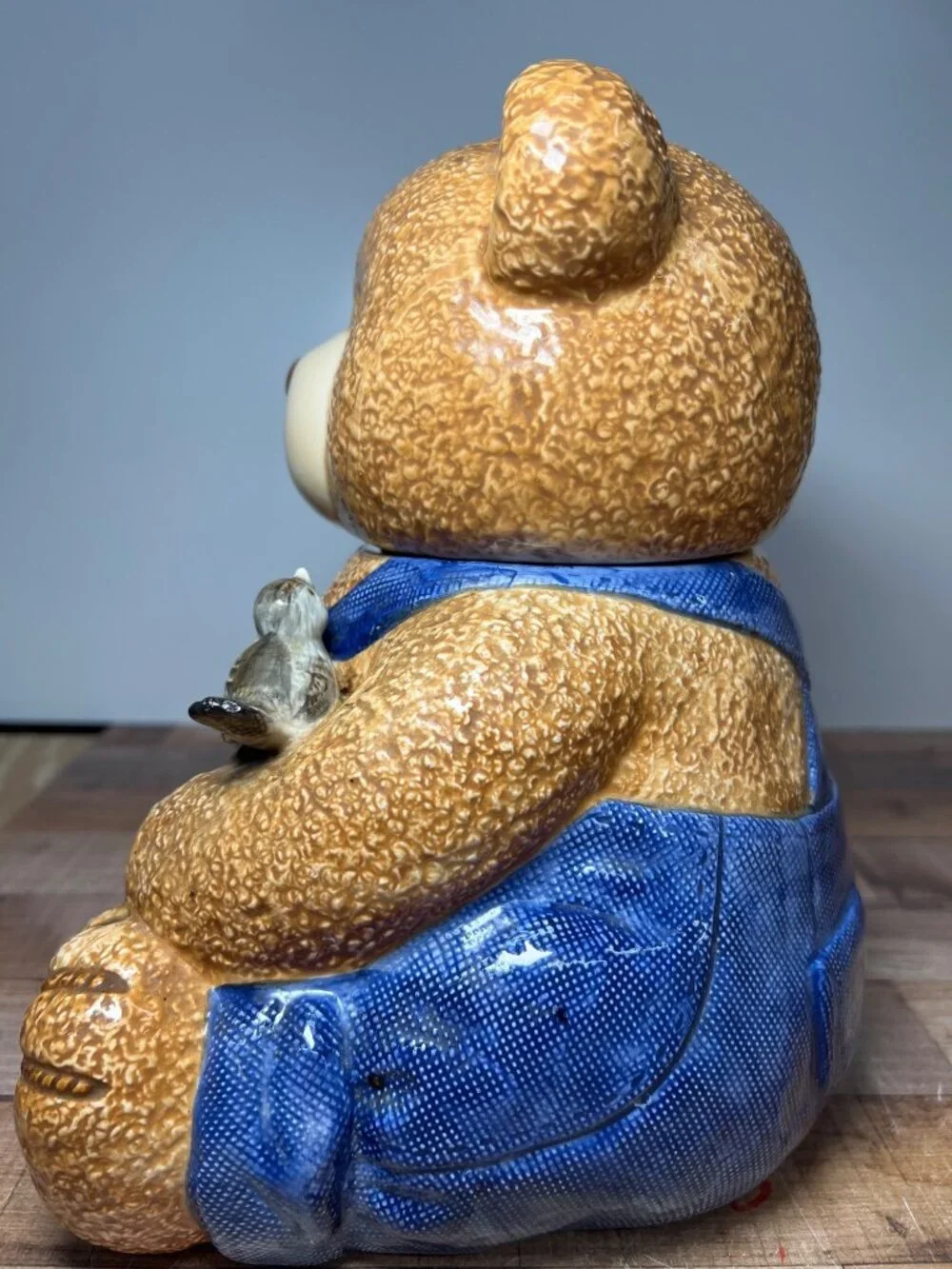 Ceramic Bear Cookie Jar With Blue Overalls & Watering Can